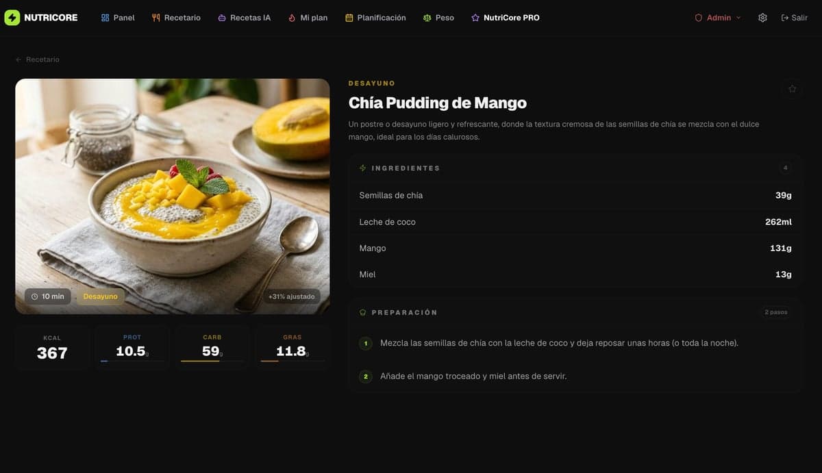 Cada receta con macros exactos escalados a tus gramos